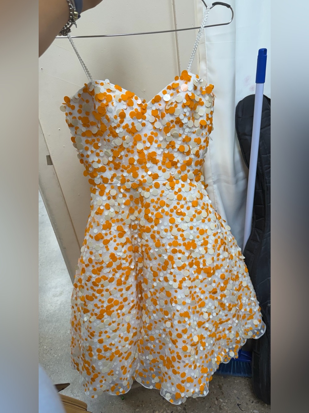 Jovani White and Orange Sequin Spaghetti-Strap Party Dress